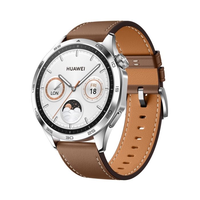 HUAWEI Watch GT 4 stainless steel frame with brown Leather Strap 46mm - Image 1